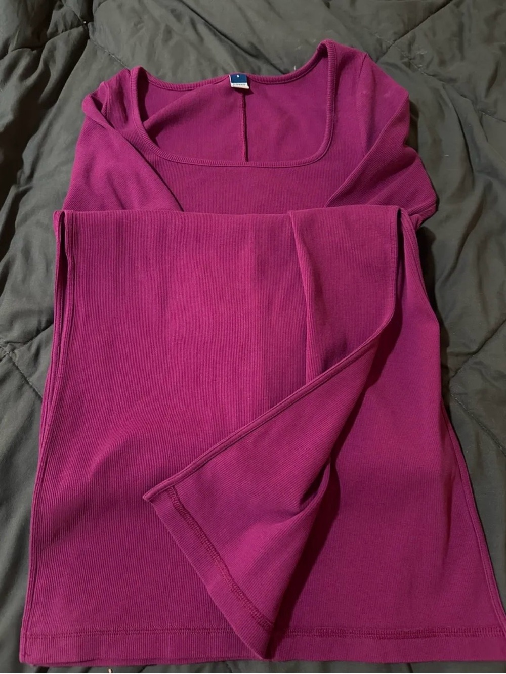 Magenta Square Neck Ribbed Long Sleeve Midi Dress